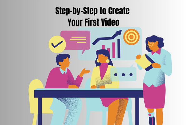 Colorful illustration of three people planning and discussing strategy with charts, representing a step-by-step guide to creating your first YouTube video and starting to earn money.