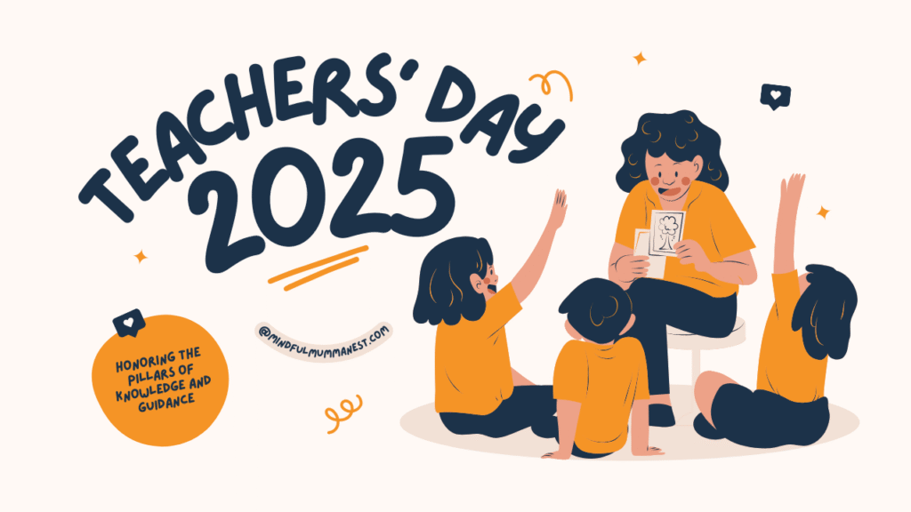 Illustration for Teachers Day 2025 showing a teacher teaching happy students, symbolizing respect, gratitude, and the true value of education.