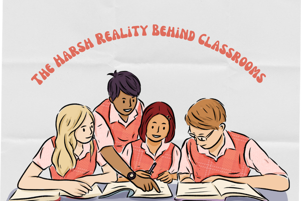 Illustration of students working together in a classroom, representing the hidden struggles, pressure, and challenges faced by teachers and students in the education system.