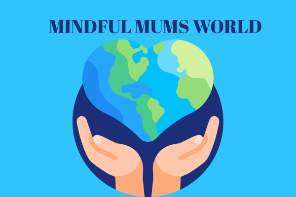A logo for "Mindful Mums World" showing two hands gently holding a heart-shaped Earth.