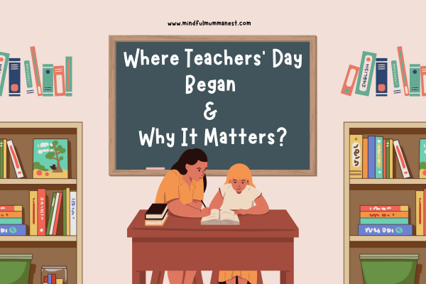 Illustration of a teacher guiding a young student in a classroom with bookshelves and a chalkboard, symbolizing the history and importance of Teachers’ Day.