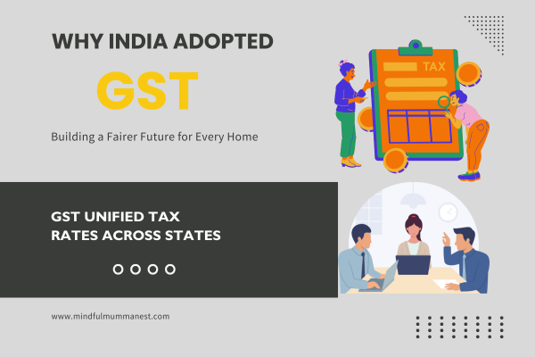 An infographic explaining why India adopted GST, showing a unified tax system with a focus on fairness and a meeting of business professionals.
