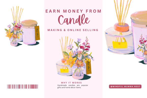 Illustration of handmade candles and flowers with text about earning money from candle making and online selling