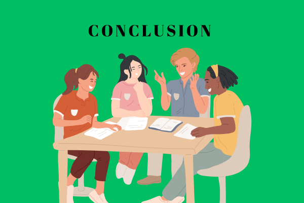 Illustration of four people sitting together, sharing ideas and reading, representing the conclusion section for Mindful Mumma Nest Care.