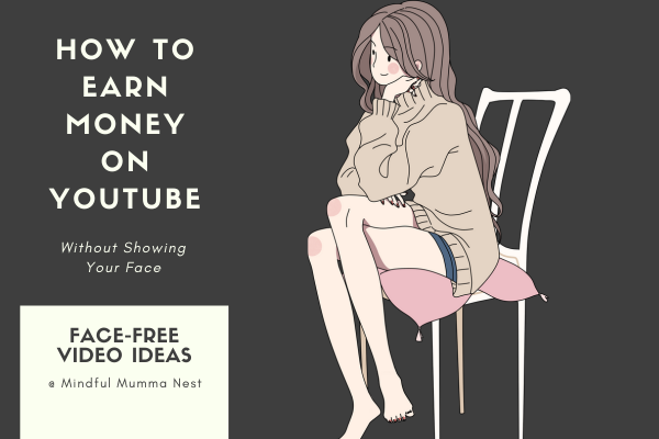 Girl sitting on chair thinking about how to earn money on YouTube without showing face with faceless video ideas.