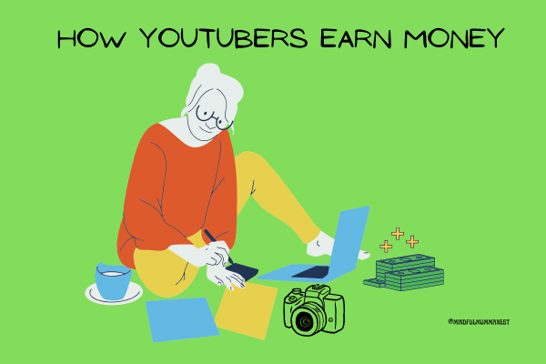 Illustration of a person working on a laptop with a camera, notes, coffee, and money stack, representing how YouTubers earn money.