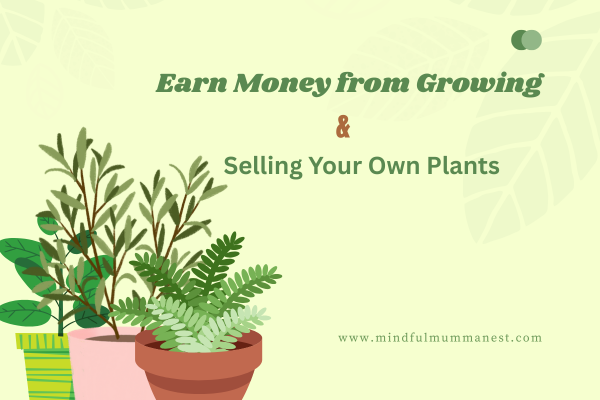  Illustration of potted plants with text about earning money by growing and selling plants from home