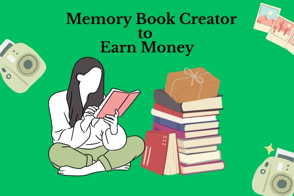 Illustration of a person reading a book and selling representing the memory book creation process.