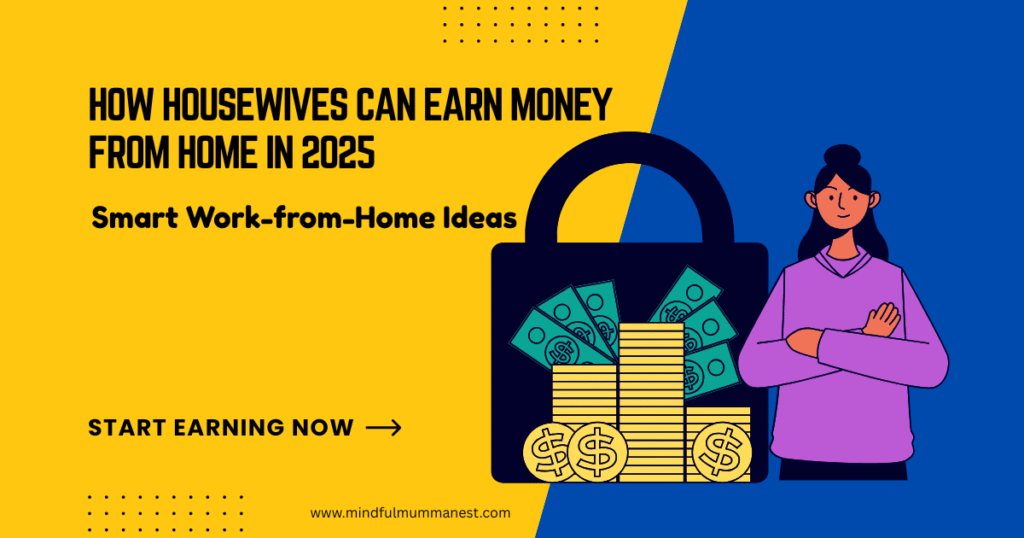 Illustration showing a confident housewife with a money bag, symbolizing how housewives can earn money from home in 2025 with YouTube, faceless videos, and smart work-from-home ideas.