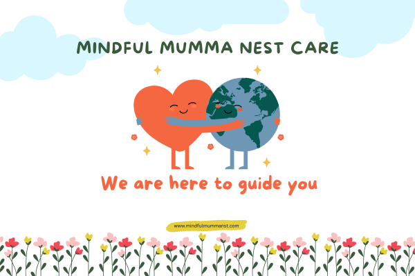 Mindful Mumma Nest Care illustration of heart hugging the earth with the message 'We are here to guide you' – symbolizing love, guidance, and global care.