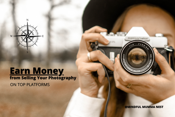  Woman holding a vintage camera with text about earning money by selling photography on online platforms