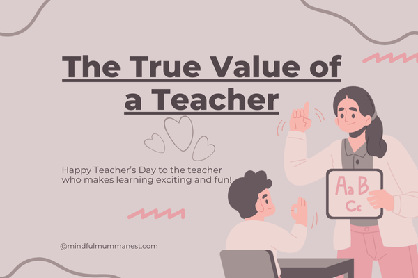 Illustration of a teacher holding an alphabet board while guiding a student in class, representing the true value and respect for teachers on Teachers’ Day.