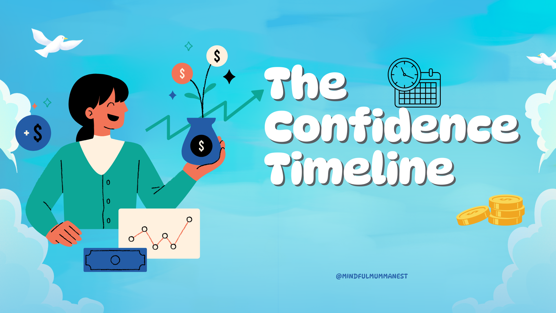 Illustration of a woman confidently growing income and tracking progress over time, symbolizing calm earning and mindful money growth from home
