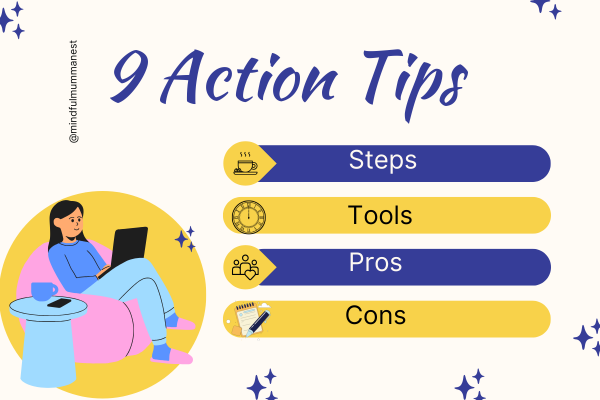 Illustration of a woman working on a laptop with icons showing steps, tools, pros, and cons — representing 9 action tips to earn money from home
