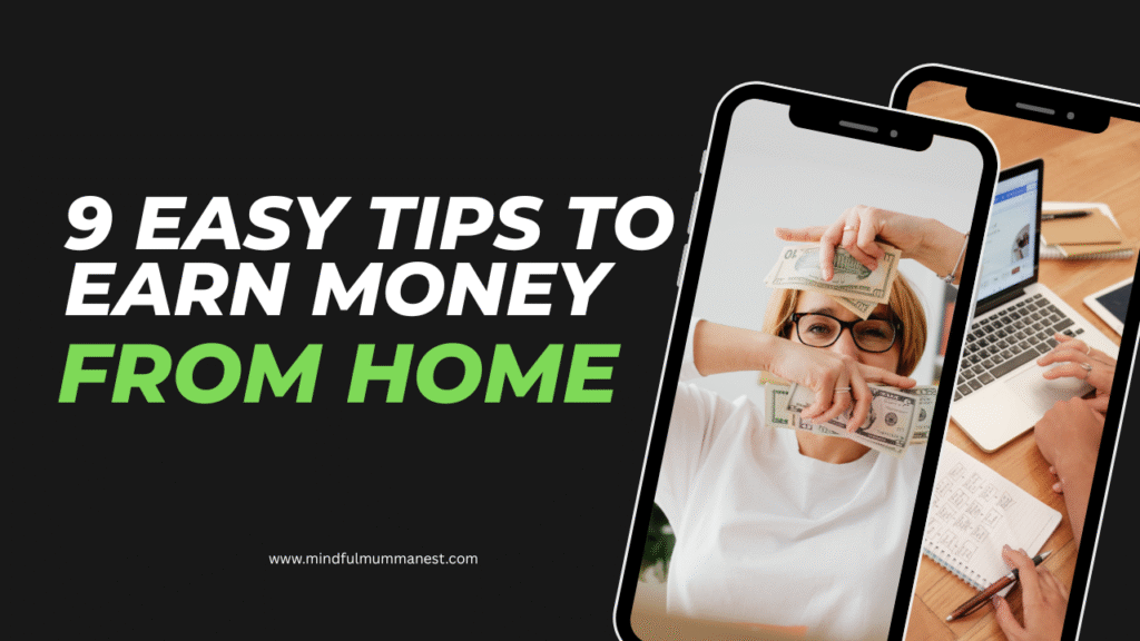 A calm woman at home holding money and working on a laptop, symbolizing simple and mindful ways to earn money from home.