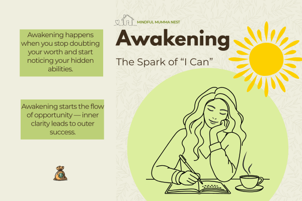 Illustration of a calm woman journaling with coffee, representing awakening, focus, and the mindful spark to earn money from home.
