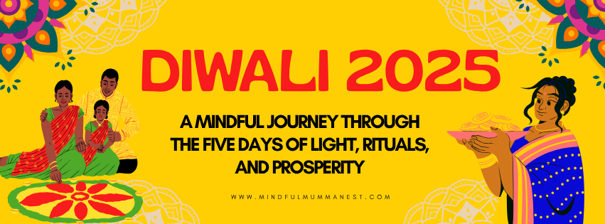 Family celebrating Diwali 2025 with diyas, rangoli, and joy — representing light, mindfulness, and prosperity from Mindful Mumma Nest.