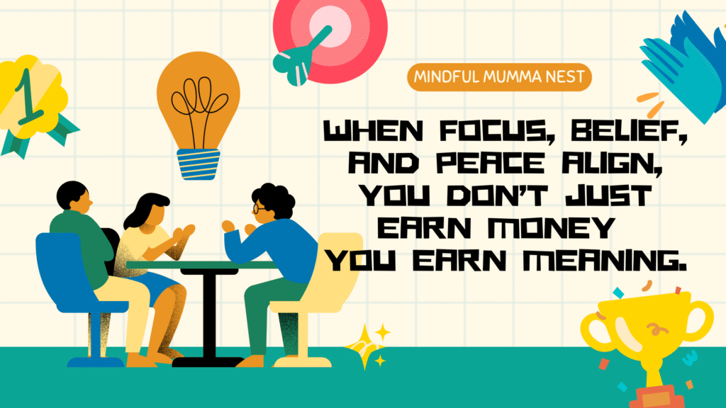 Illustration of people sitting together and sharing ideas with symbols of growth, light, and success, representing focus, belief, and peace aligning to earn money and meaning mindfully.
