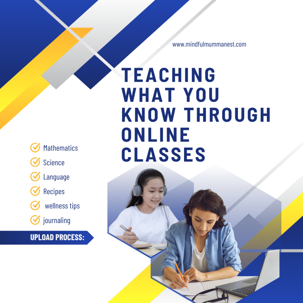 Two women teaching and learning online through laptops and headsets, representing how to share your knowledge through online classes in subjects like wellness, journaling, and creative skills to earn money from home.
