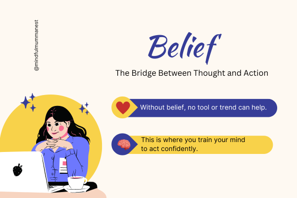  Illustration of a confident woman working on a laptop with coffee, representing belief and focus — the bridge between thought and action to earn money from home.
