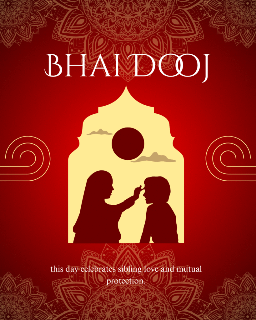 Sister applying tilak to her brother during Bhai Dooj 2025 — celebrating sibling love, protection, and mindful family bonding.