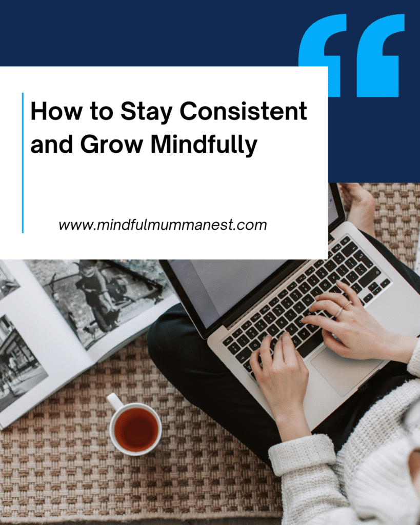 A person working on a laptop with a cup of tea and an open book beside them, representing consistency, mindfulness, and steady growth while working or earning money from home.

