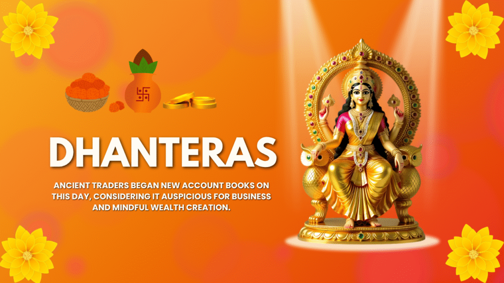 Goddess Lakshmi idol with marigold flowers, gold coins, and kalash on Dhanteras 2025 — symbolizing auspicious beginnings, mindful business, and prosperity.
