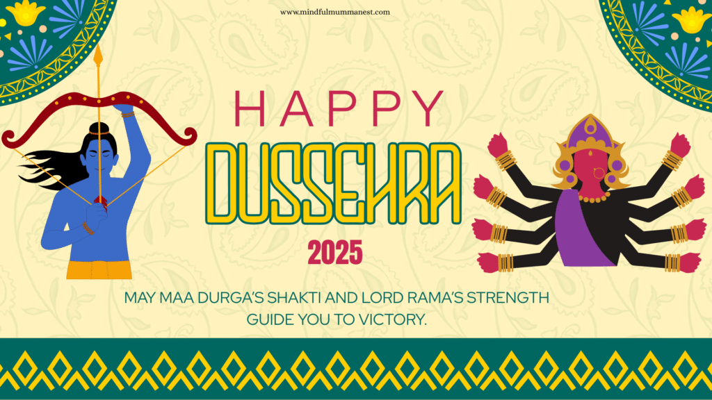 Dussehra 2025 celebrations with Lord Rama, Maa Durga, Ravana Dahan, Sindoor Khela, Pooja Vidhi, and Visarjan traditions.