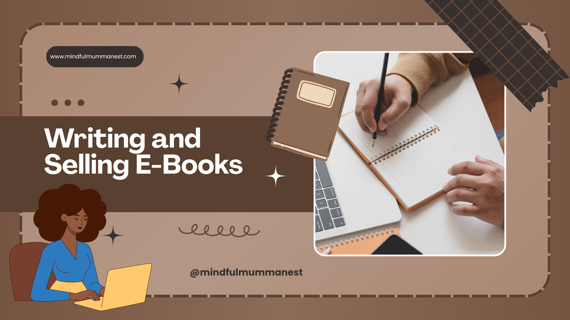  A person writing notes beside a laptop, symbolizing the process of creating, formatting, and selling e-books online to earn money from home in a mindful and creative way.
