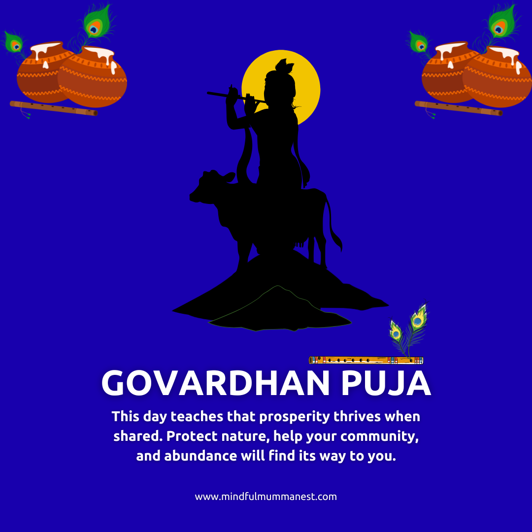Silhouette of Lord Krishna lifting Govardhan Hill on Govardhan Puja 2025 — symbolizing nature’s protection, community care, and mindful prosperity.