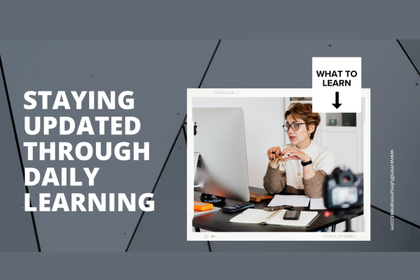 A woman sitting at her desk learning online through a computer and camera setup, symbolizing the importance of daily learning and staying updated to earn money from home mindfully.
