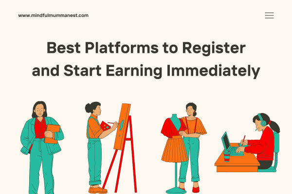 Illustration of women working, painting, designing, and freelancing from home — representing the best online platforms to register and start earning immediately.
