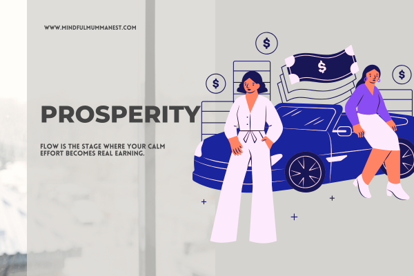 Illustration of two confident women standing beside a car with money symbols, representing calm prosperity and the mindful flow where consistent effort turns into real income from home.
