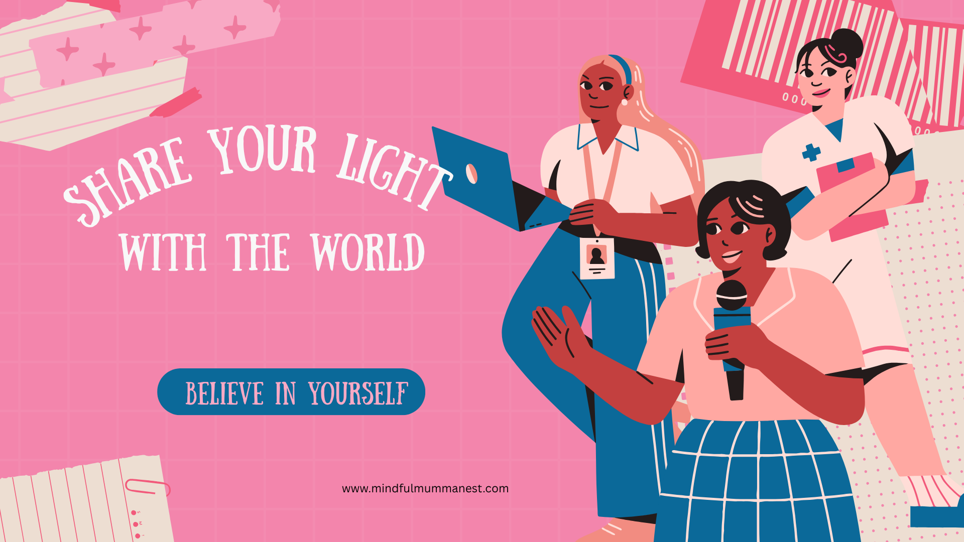 Illustration of confident young women sharing their skills through laptop, microphone, and books — symbolizing how students and mums can believe in themselves, share knowledge, and earn money from home after 12th.
