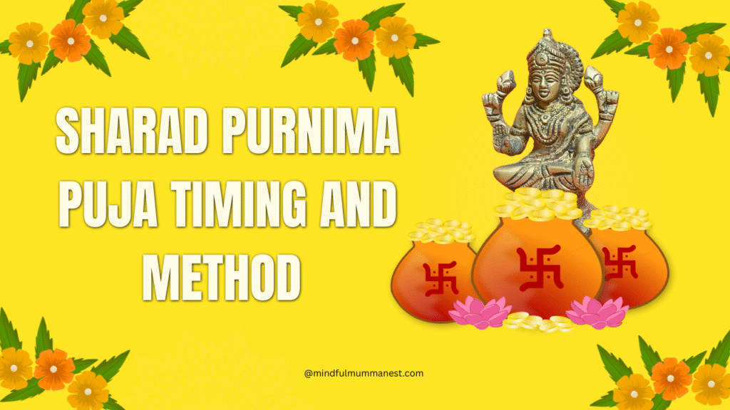 Sharad Purnima 2025 Puja timing and method with Goddess Lakshmi idol and gold pots symbolizing prosperity