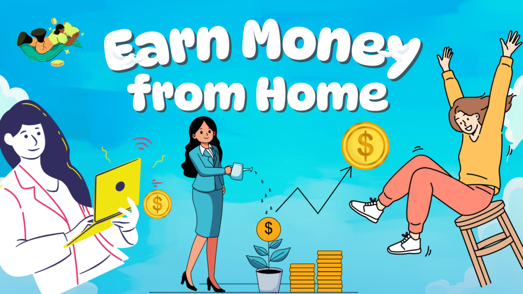 Illustration showing happy people earning money from home with laptops and online work – earn money and make money young with Mindful Mumma Nest