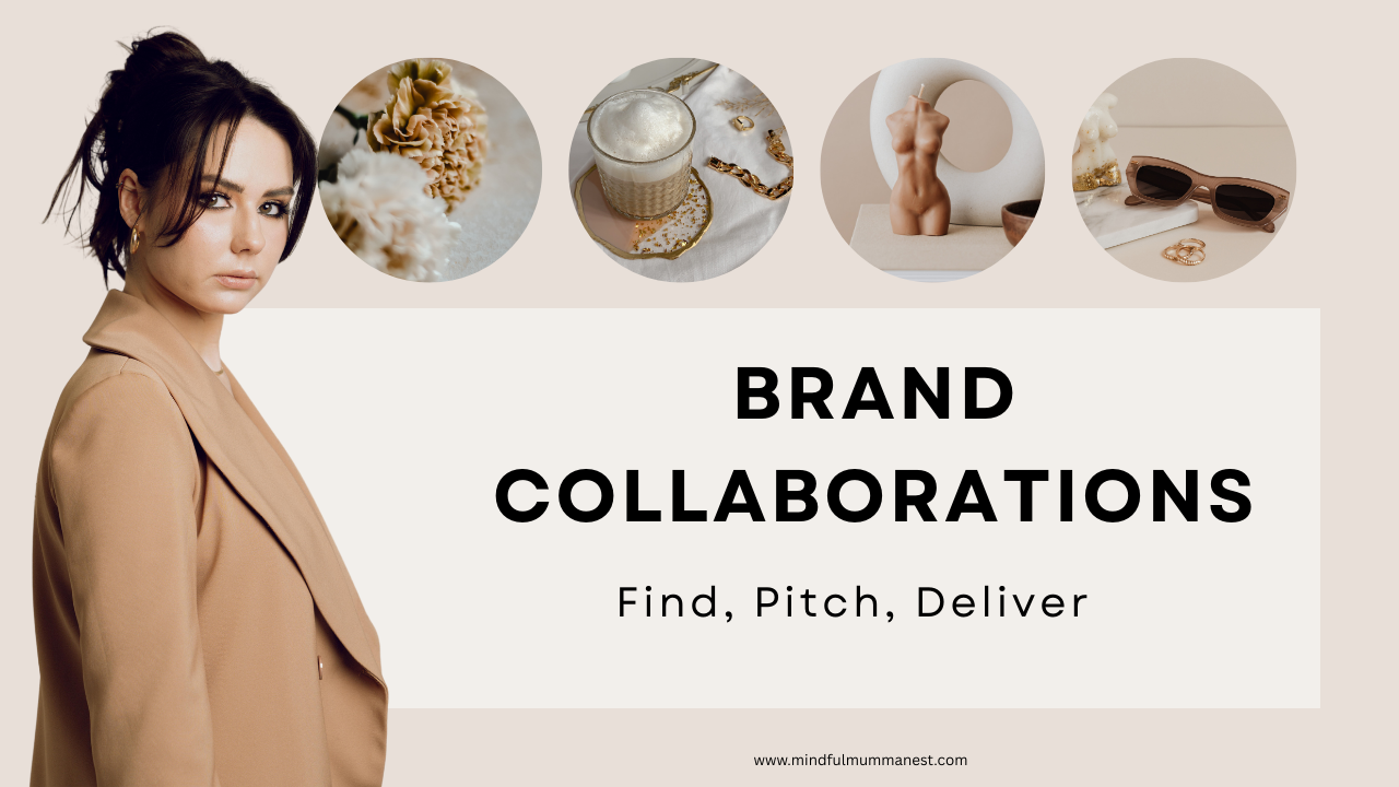 Woman in a beige blazer with product-themed images, representing brand collaborations, pitching, and influencer partnerships.
