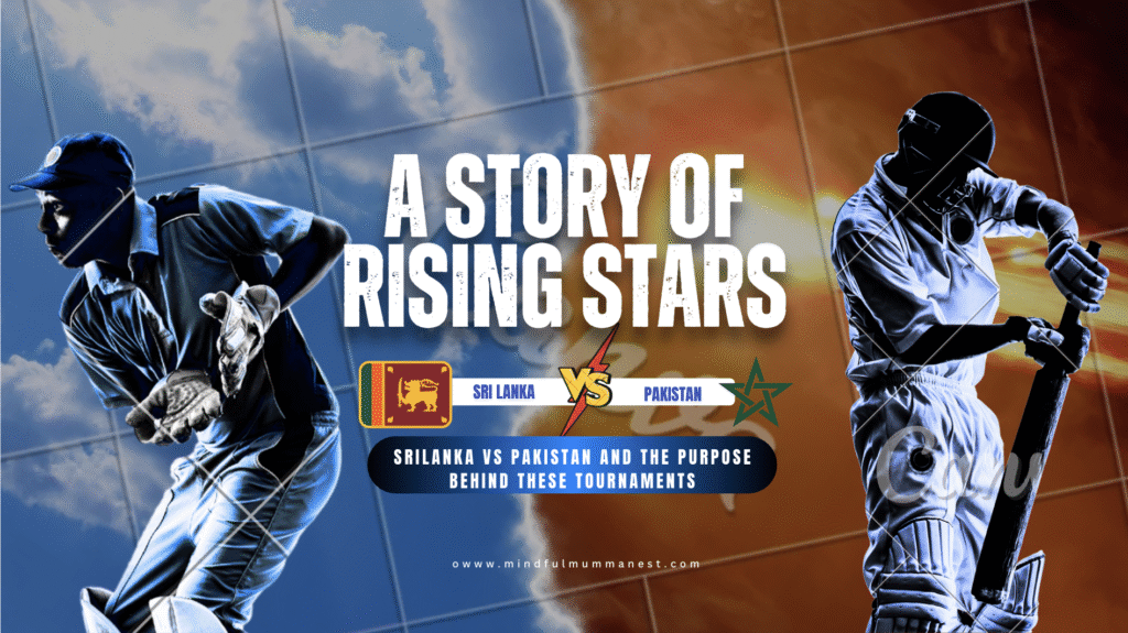 Feature image showing Sri Lanka vs Pakistan cricket theme with players, national flags, and rising stars concept.