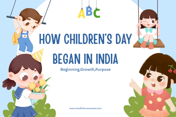 Illustration of children with a heading explaining how Children’s Day began in India, showing its beginning, growth and purpose.