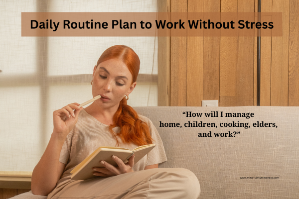 Housewife peacefully planning her daily routine to manage home responsibilities and online work without stress

