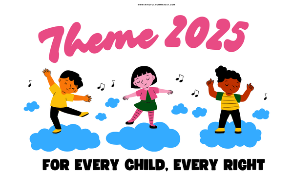 Children dancing on clouds under the text Theme 2025, representing the theme For Every Child, Every Right.