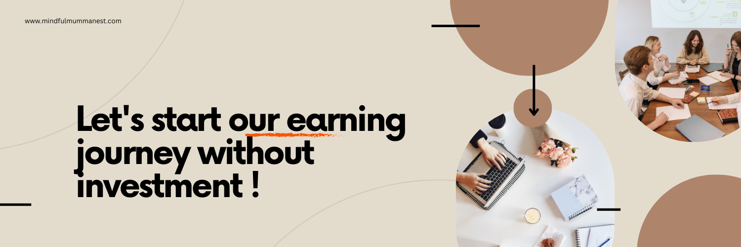 Without Investment Earn Money Online inspiring banner showing people working together and a woman typing on a laptop during her earning journey
