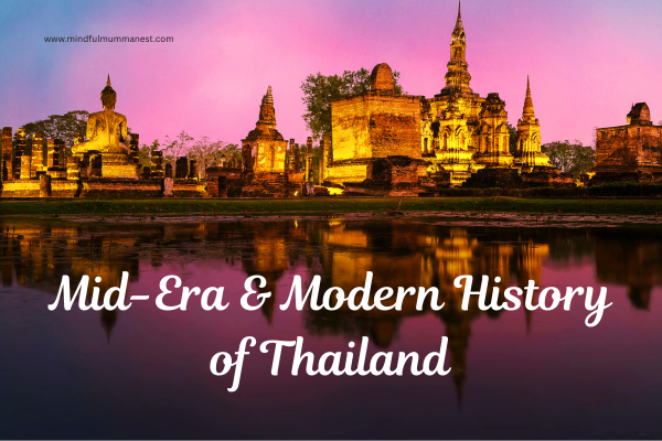 Historic Thai temples at sunset reflecting mid-era and modern history of Thailand
