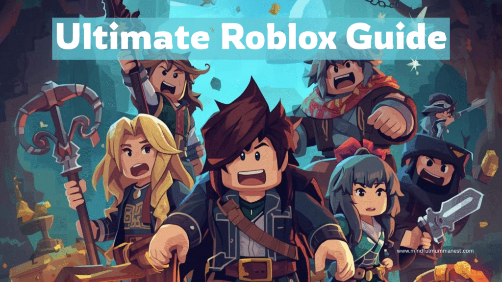 Cartoon-style Roblox characters holding weapons and exploring a fantasy cave in the Ultimate Roblox Guide for learning, gaming, and earning money online.