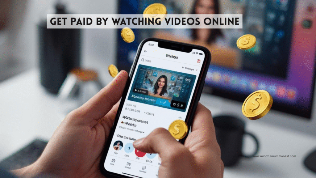 A person using a smartphone to watch paid online videos with digital coins floating around, showing how to earn money by watching videos online.