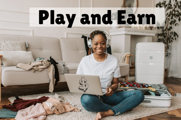 A woman sitting on the floor with a laptop and headphones, symbolizing Play and Earn methods for making money online from home.
