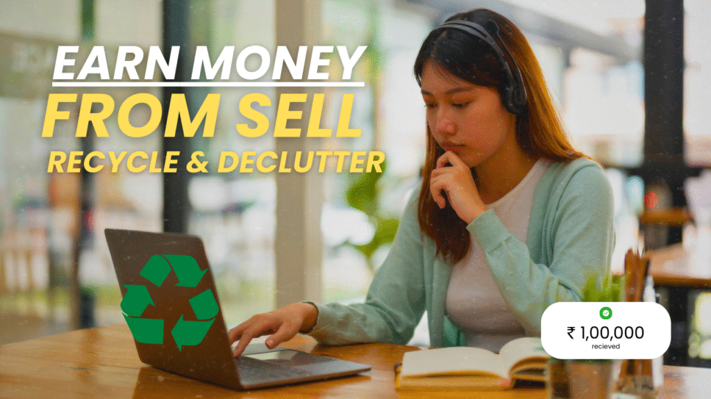 Young woman using a laptop to earn money by selling, recycling, and decluttering items, with a recycle symbol and payment notification displayed
