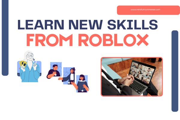 Graphic showing online learning and illustrated characters, representing how players can learn new skills from Roblox to grow creativity and digital abilities.
