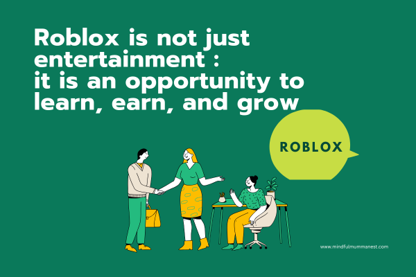 Illustration of people learning and interacting with a Roblox-themed graphic, showing that Roblox is an opportunity to learn, earn, and grow.
