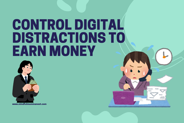 Illustration of a stressed woman working on a laptop with phone and emails, highlighting digital distractions affecting productivity and earning money.
